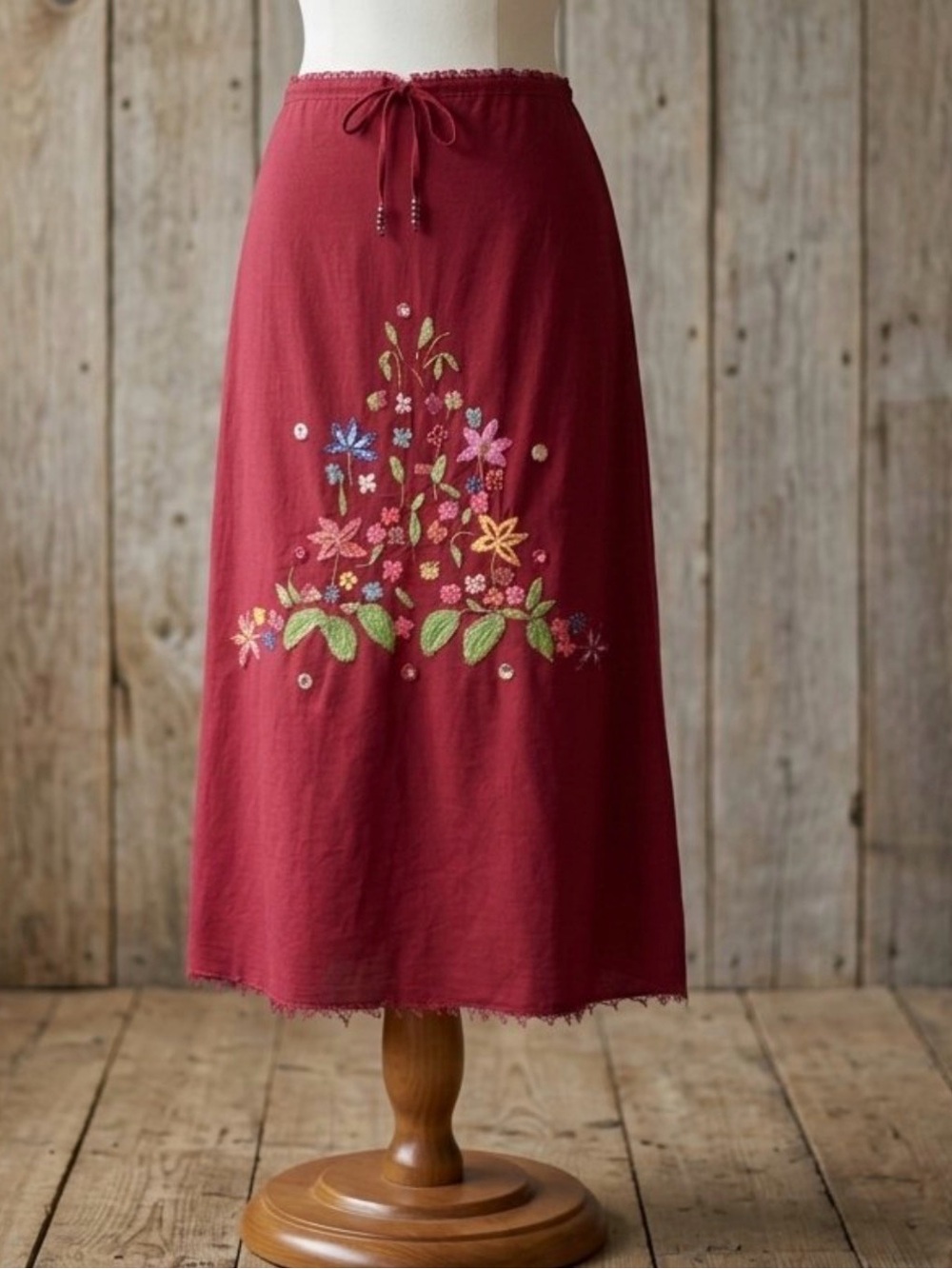 Red Embroidered A-Line Midi Skirt